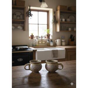 Handmade Style Stoneware Coffee Mugs Set Of 2 Beige Abstract Farmhouse Unmarked